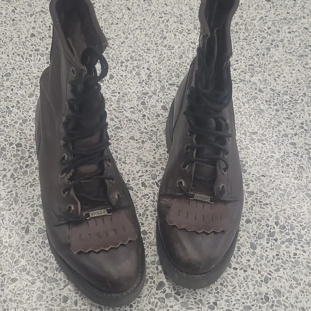 Double-H Mens Lace Up Work Boots Brown Leather Kiltie Steel Shank Size 7.5 D USA